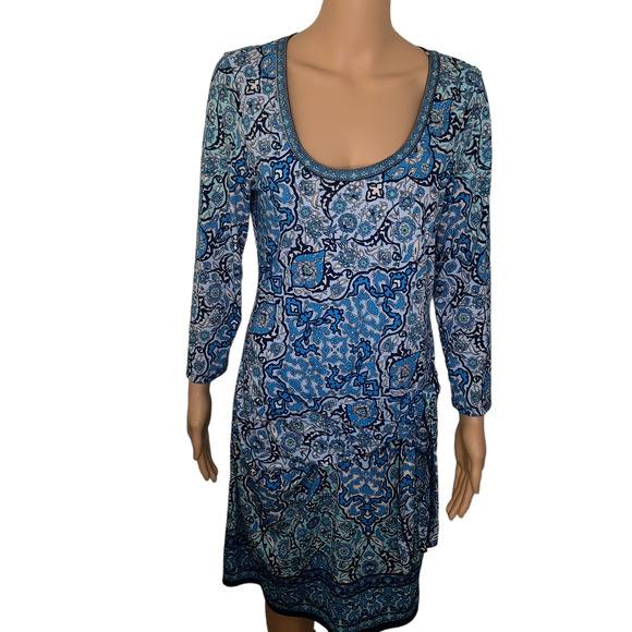 Max Studio Boho Floral Scoop Neck 3/4 Sleeve Midi Dress Side Tie Med - Picture 10 of 10